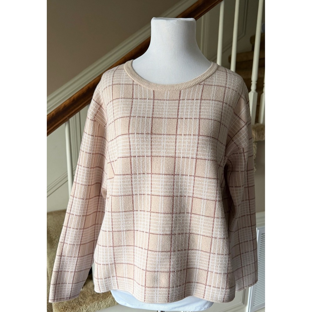 Tahari Women's Beige Plaid Crew Neck Long Sleeve Sweater Top Size M